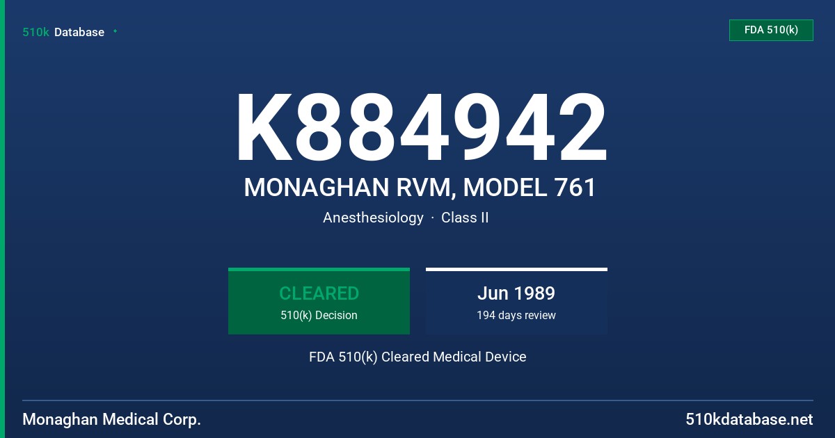 K884942 MONAGHAN RVM, MODEL 761 FDA 510(k) Cleared Medical Device