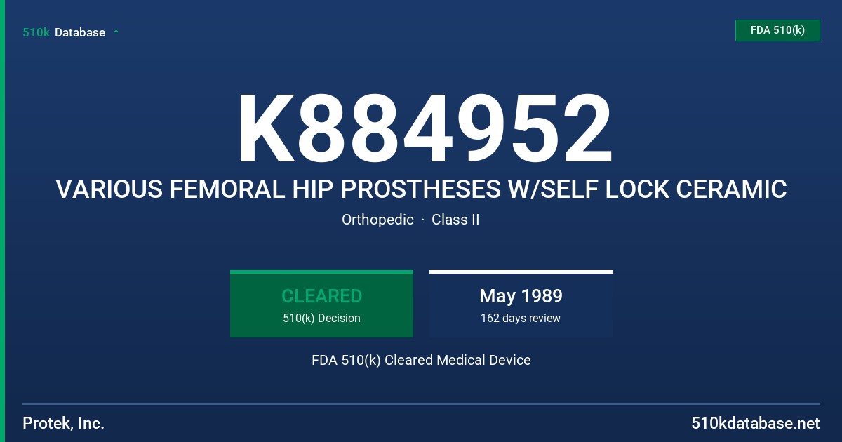 K884952 VARIOUS FEMORAL HIP PROSTHESES W/SELF LOCK CERAMIC FDA 510(k) Cleared Medical Device