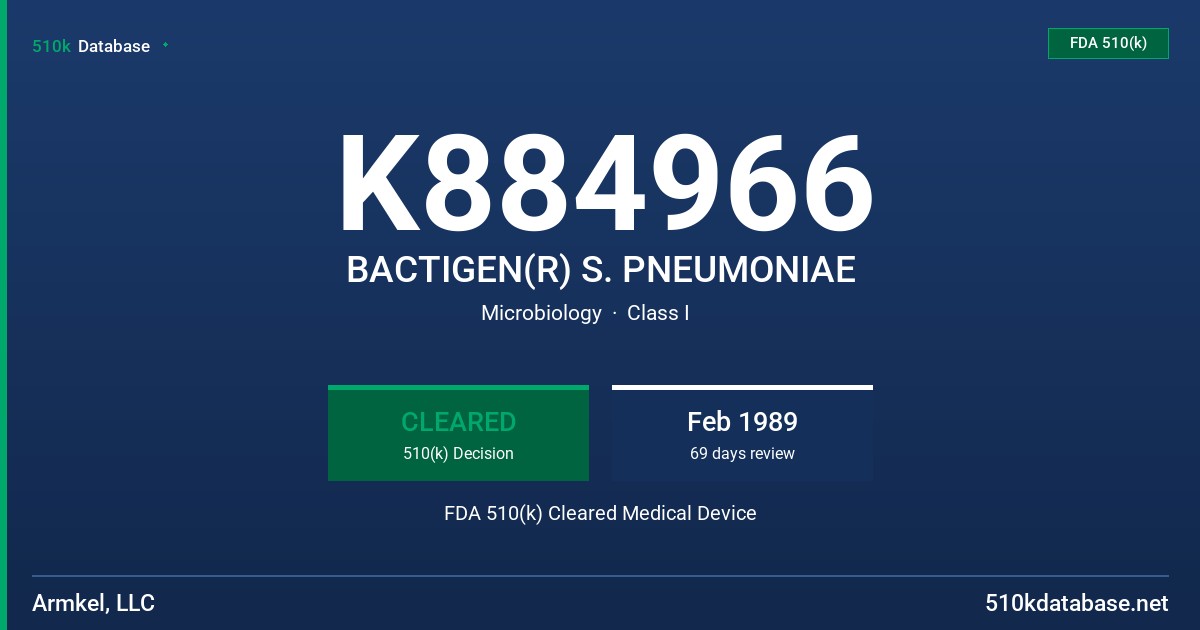 K884966 BACTIGEN(R) S. PNEUMONIAE FDA 510(k) Cleared Medical Device