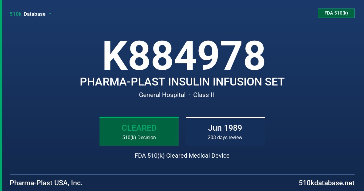 K884978 PHARMA-PLAST INSULIN INFUSION SET FDA 510(k) Cleared Medical Device