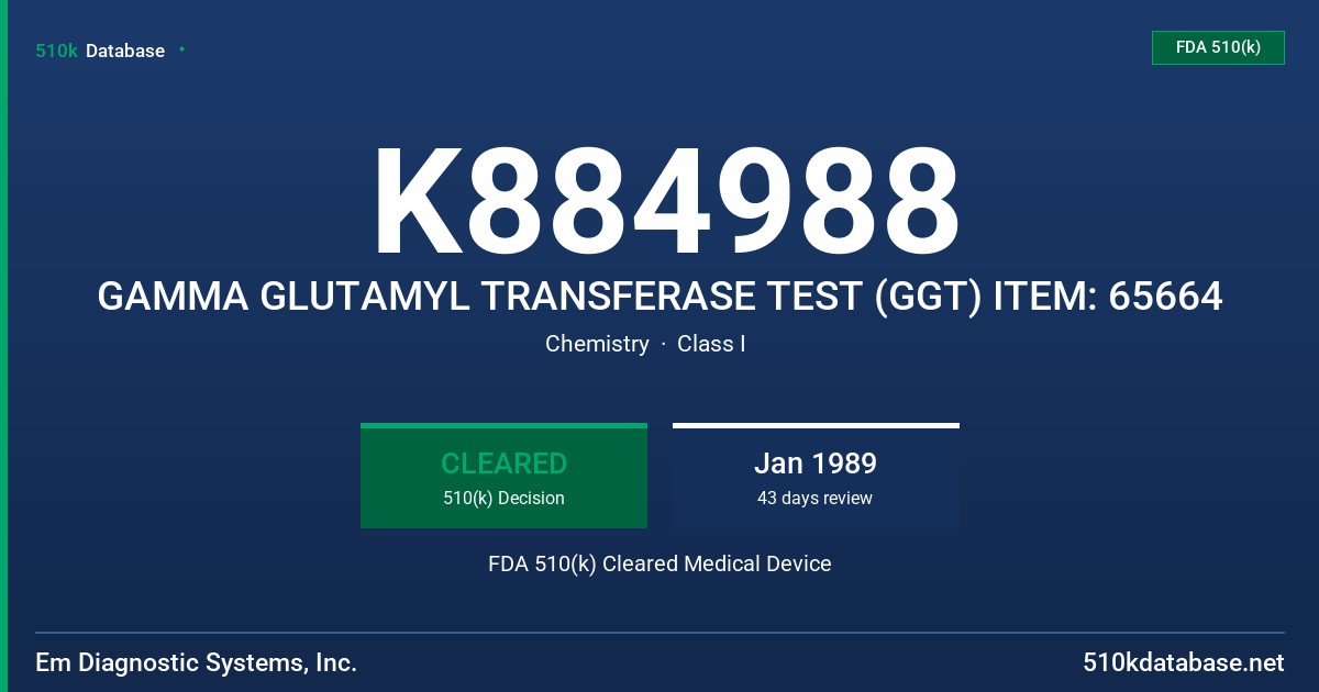 K884988 GAMMA GLUTAMYL TRANSFERASE TEST (GGT) ITEM: 65664 FDA 510(k) Cleared Medical Device