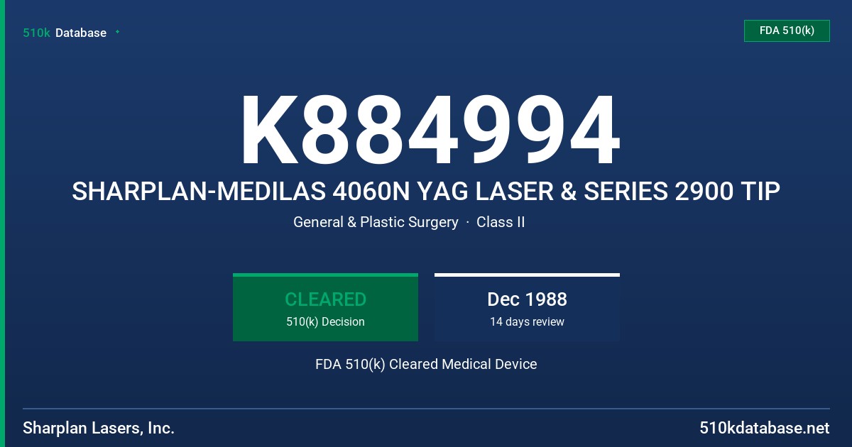 K884994 SHARPLAN-MEDILAS 4060N YAG LASER & SERIES 2900 TIP FDA 510(k) Cleared Medical Device