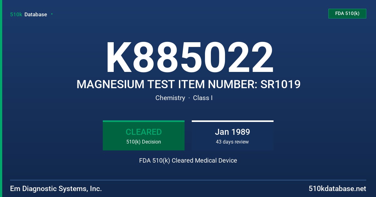 K885022 MAGNESIUM TEST ITEM NUMBER: SR1019 FDA 510(k) Cleared Medical Device