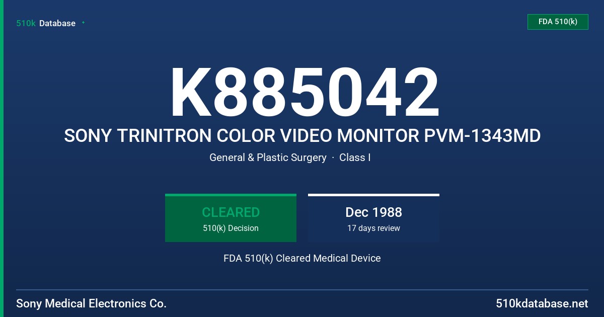 K885042 SONY TRINITRON COLOR VIDEO MONITOR PVM-1343MD FDA 510(k) Cleared Medical Device