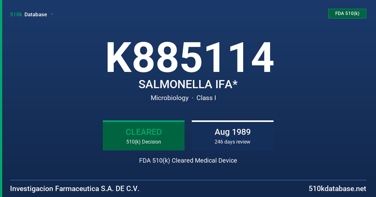 K885114 SALMONELLA IFA* FDA 510(k) Cleared Medical Device