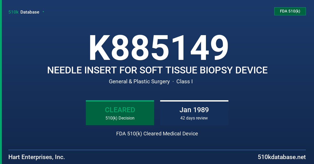 K885149 NEEDLE INSERT FOR SOFT TISSUE BIOPSY DEVICE FDA 510(k) Cleared Medical Device