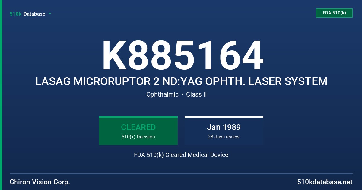 K885164 LASAG MICRORUPTOR 2 ND:YAG OPHTH. LASER SYSTEM FDA 510(k) Cleared Medical Device