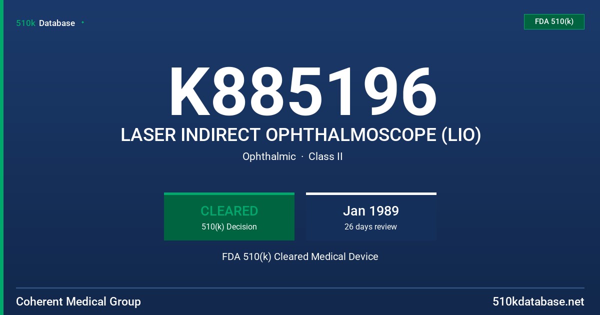 K885196 LASER INDIRECT OPHTHALMOSCOPE (LIO) FDA 510(k) Cleared Medical Device