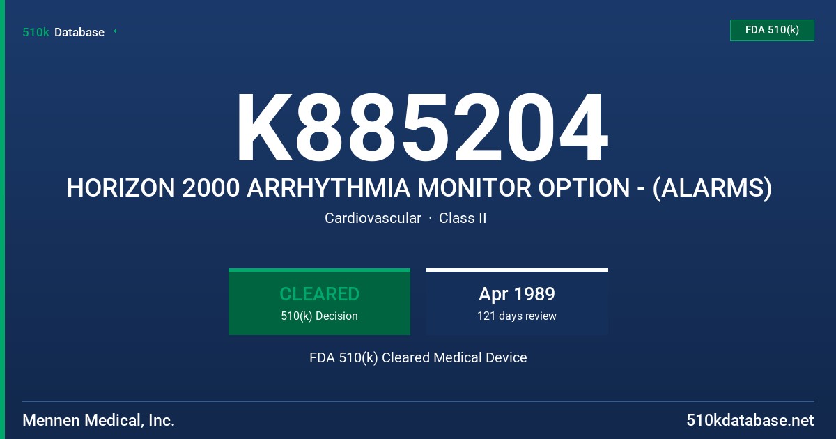 K885204 HORIZON 2000 ARRHYTHMIA MONITOR OPTION - (ALARMS) FDA 510(k) Cleared Medical Device