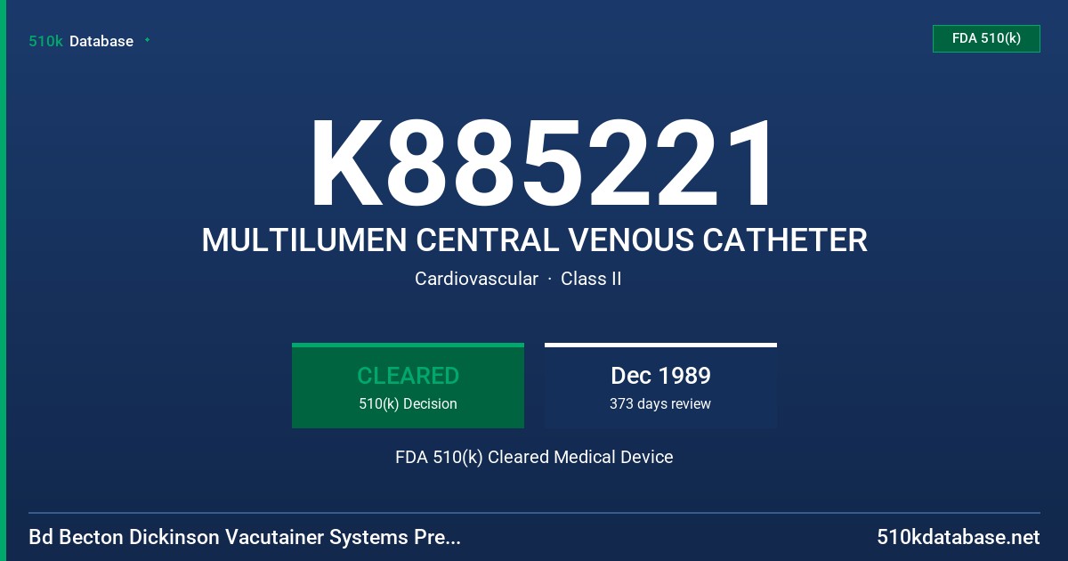 K885221 MULTILUMEN CENTRAL VENOUS CATHETER FDA 510(k) Cleared Medical Device