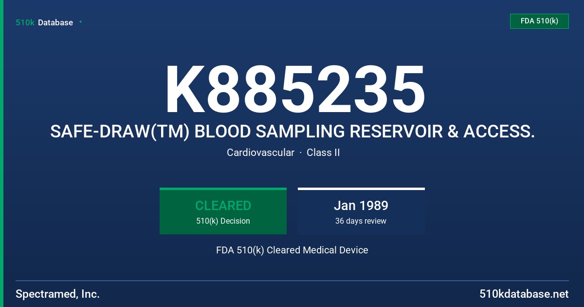 K885235 SAFE-DRAW(TM) BLOOD SAMPLING RESERVOIR & ACCESS. FDA 510(k) Cleared Medical Device