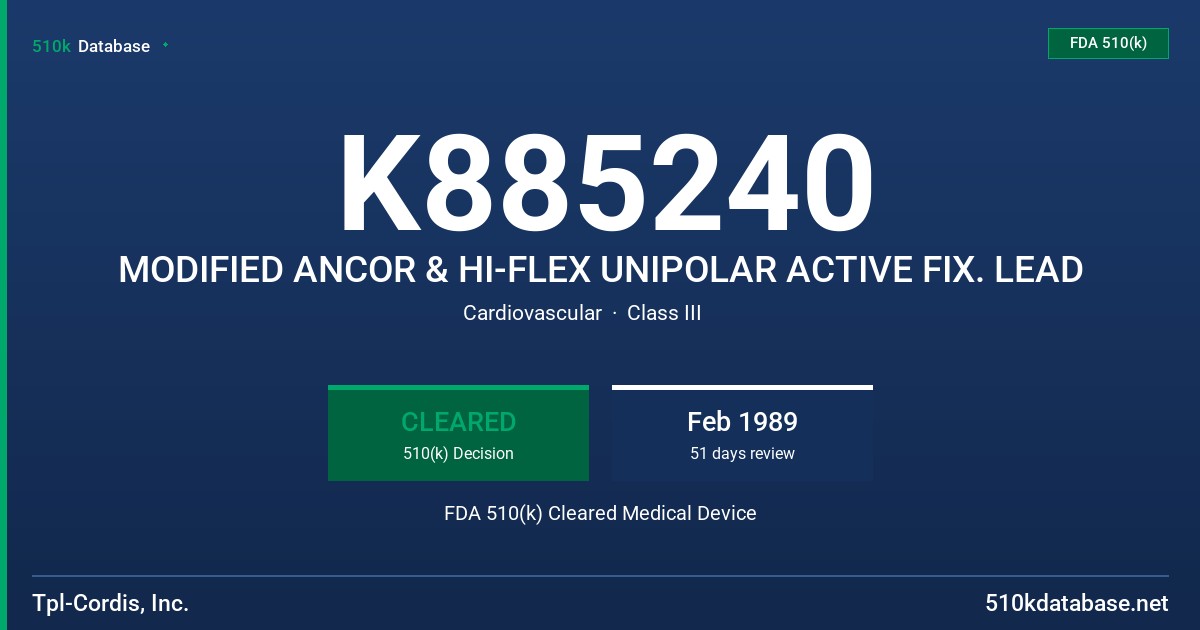 K885240 MODIFIED ANCOR & HI-FLEX UNIPOLAR ACTIVE FIX. LEAD FDA 510(k) Cleared Medical Device