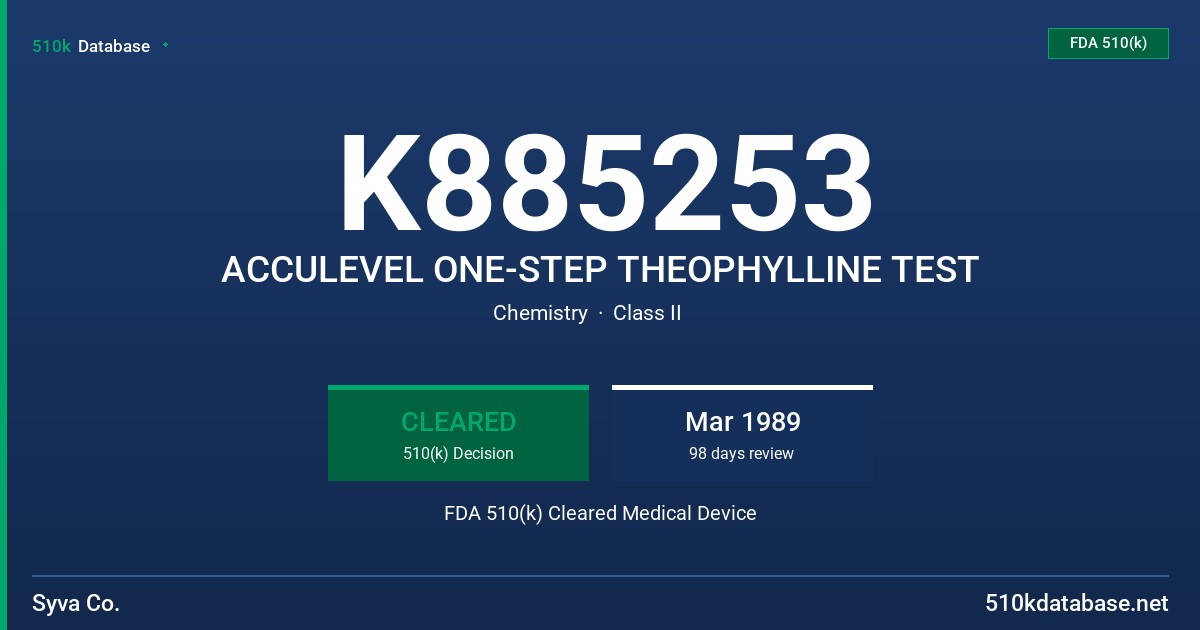 K885253 ACCULEVEL ONE-STEP THEOPHYLLINE TEST FDA 510(k) Cleared Medical Device