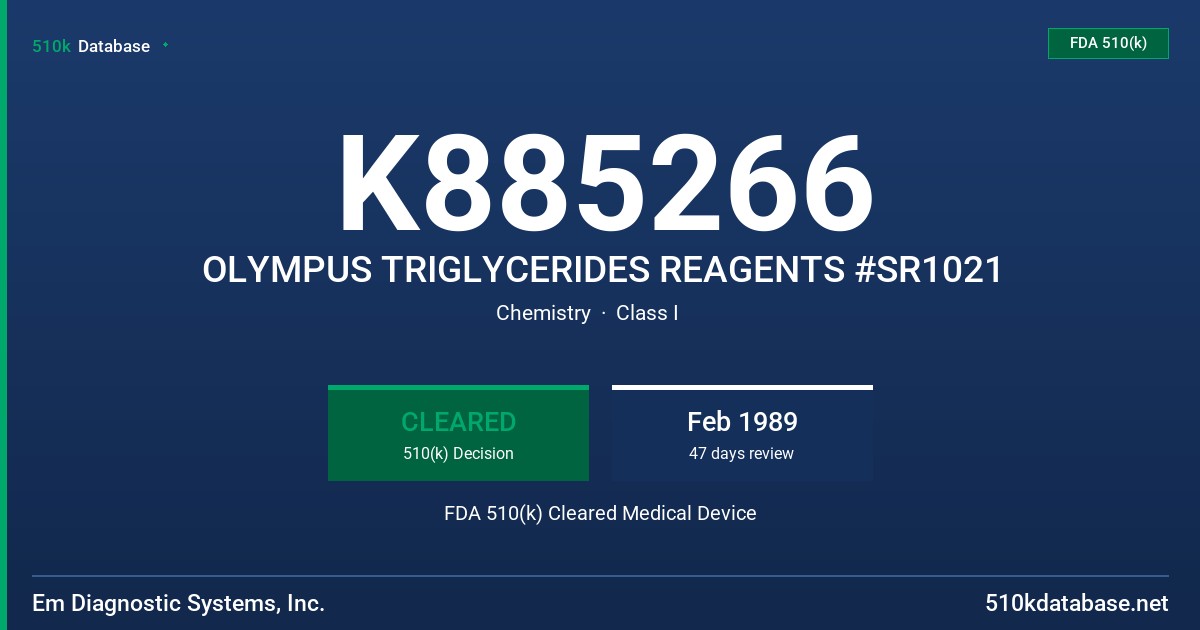K885266 OLYMPUS TRIGLYCERIDES REAGENTS #SR1021 FDA 510(k) Cleared Medical Device