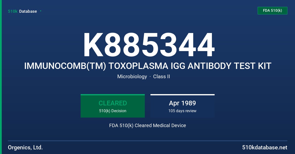 K885344 IMMUNOCOMB(TM) TOXOPLASMA IGG ANTIBODY TEST KIT FDA 510(k) Cleared Medical Device