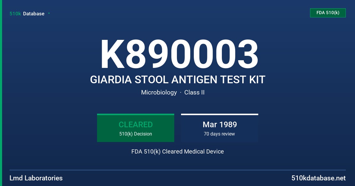 K890003 GIARDIA STOOL ANTIGEN TEST KIT FDA 510(k) Cleared Medical Device