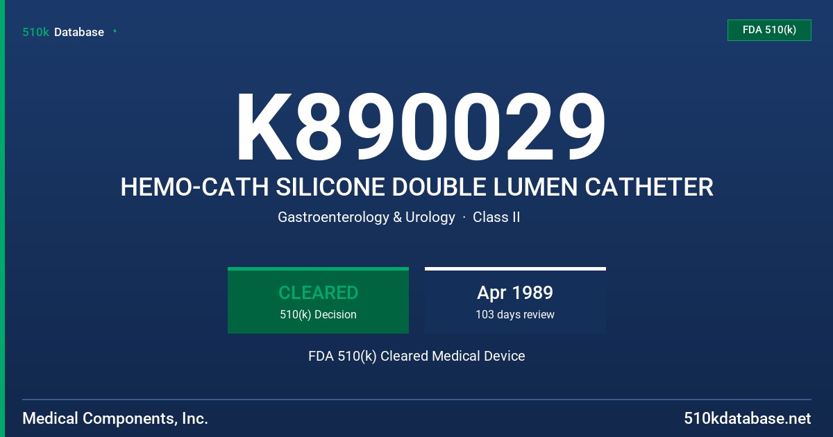 K890029 HEMO-CATH SILICONE DOUBLE LUMEN CATHETER FDA 510(k) Cleared Medical Device