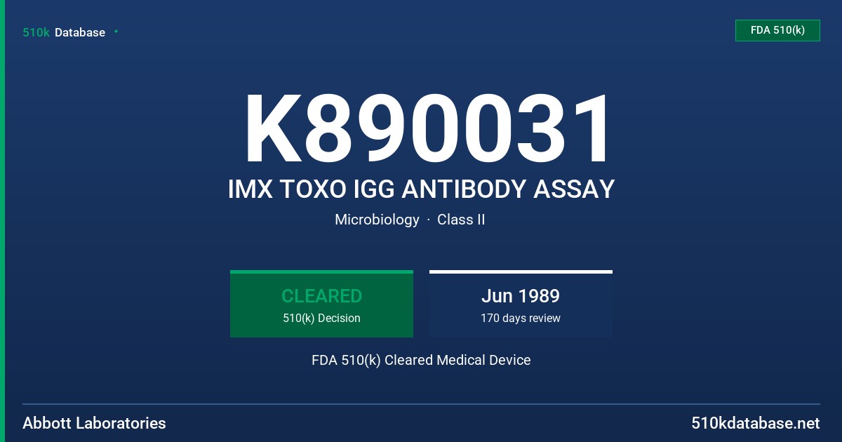 K890031 IMX TOXO IGG ANTIBODY ASSAY FDA 510(k) Cleared Medical Device