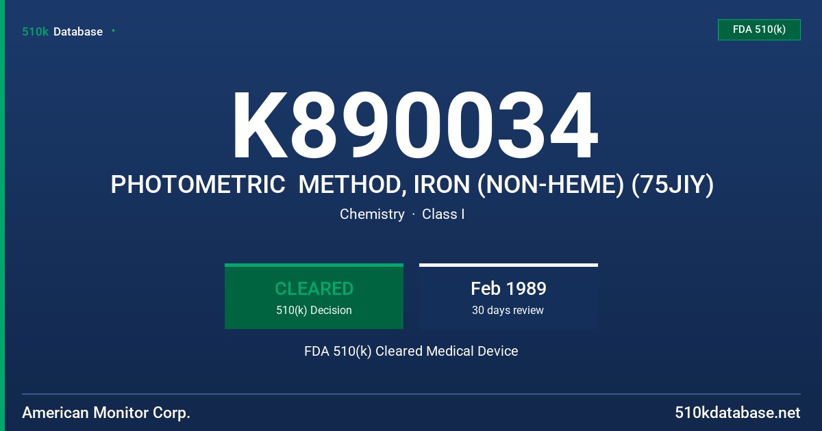 K890034 PHOTOMETRIC  METHOD, IRON (NON-HEME) (75JIY) FDA 510(k) Cleared Medical Device