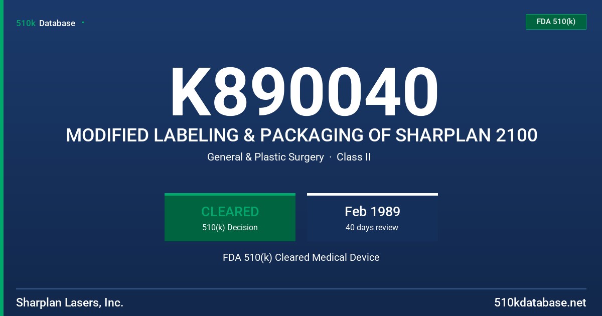 K890040 MODIFIED LABELING & PACKAGING OF SHARPLAN 2100 FDA 510(k) Cleared Medical Device