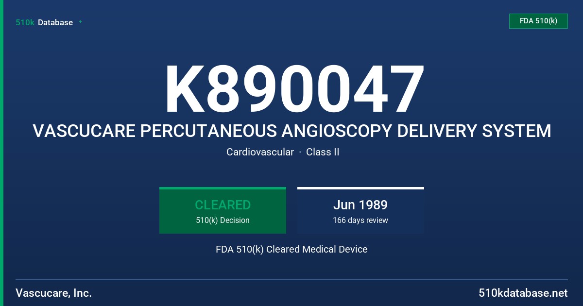 K890047 VASCUCARE PERCUTANEOUS ANGIOSCOPY DELIVERY SYSTEM FDA 510(k) Cleared Medical Device