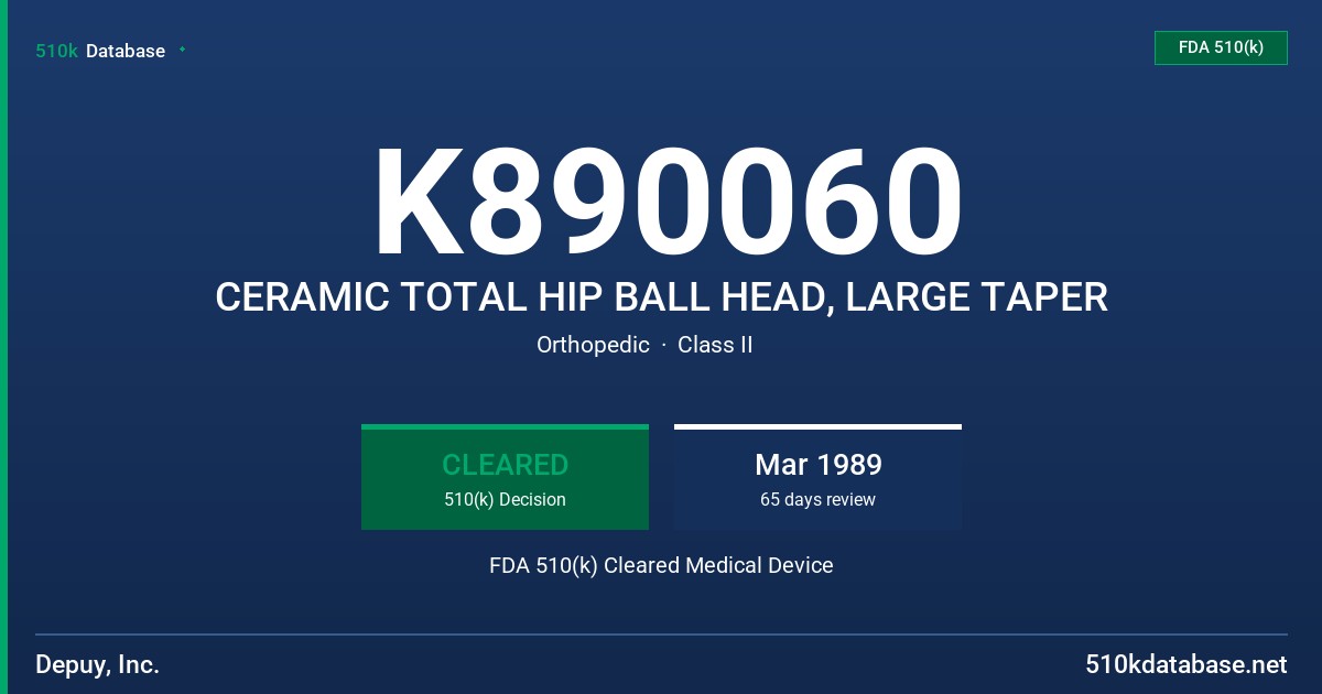 K890060 CERAMIC TOTAL HIP BALL HEAD, LARGE TAPER FDA 510(k) Cleared Medical Device