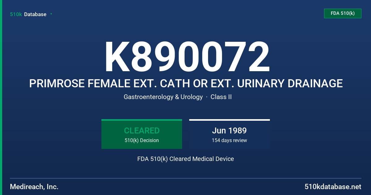 K890072 PRIMROSE FEMALE EXT. CATH OR EXT. URINARY DRAINAGE FDA 510(k) Cleared Medical Device