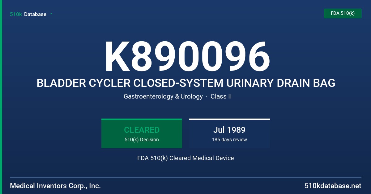 K890096 BLADDER CYCLER CLOSED-SYSTEM URINARY DRAIN BAG FDA 510(k) Cleared Medical Device