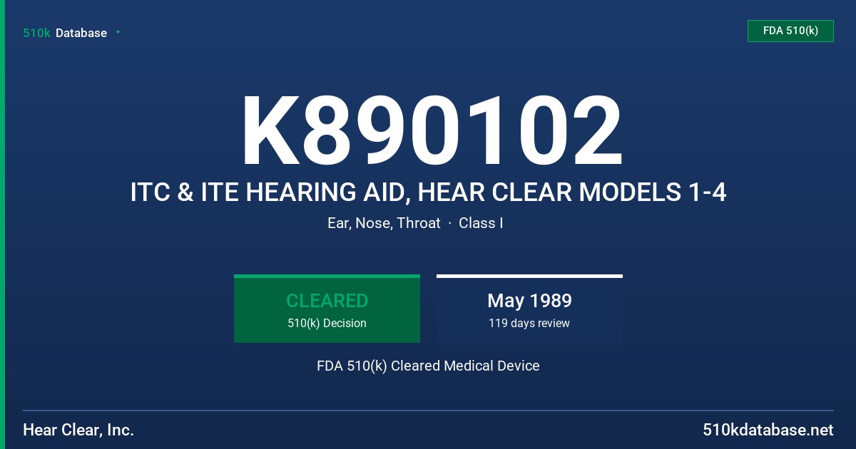 K890102 ITC & ITE HEARING AID, HEAR CLEAR MODELS 1-4 FDA 510(k) Cleared Medical Device