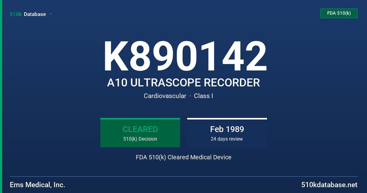 K890142 A10 ULTRASCOPE RECORDER FDA 510(k) Cleared Medical Device