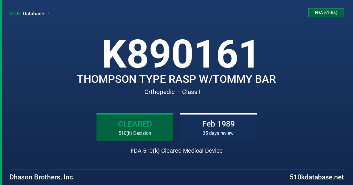 K890161 THOMPSON TYPE RASP W/TOMMY BAR FDA 510(k) Cleared Medical Device