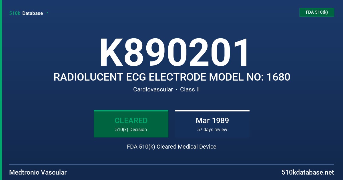 K890201 RADIOLUCENT ECG ELECTRODE MODEL NO: 1680 FDA 510(k) Cleared Medical Device
