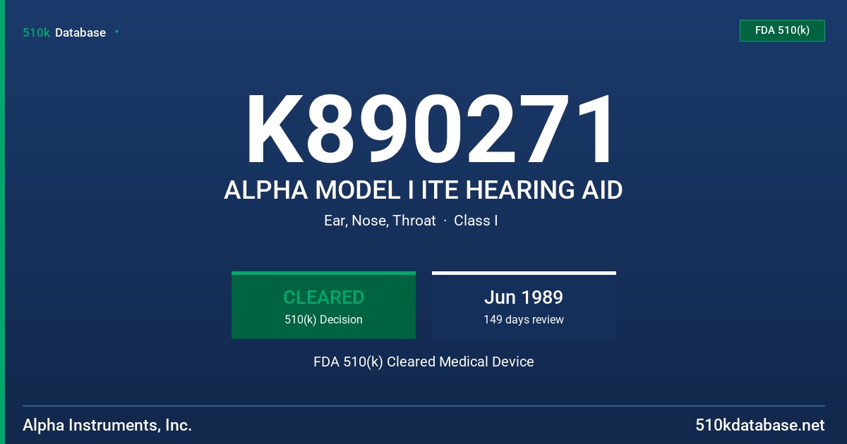 K890271 ALPHA MODEL I ITE HEARING AID FDA 510(k) Cleared Medical Device