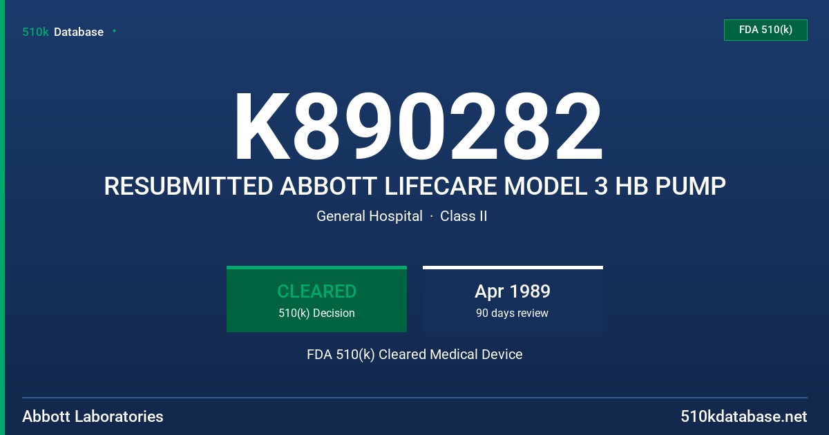K890282 RESUBMITTED ABBOTT LIFECARE MODEL 3 HB PUMP FDA 510(k) Cleared Medical Device