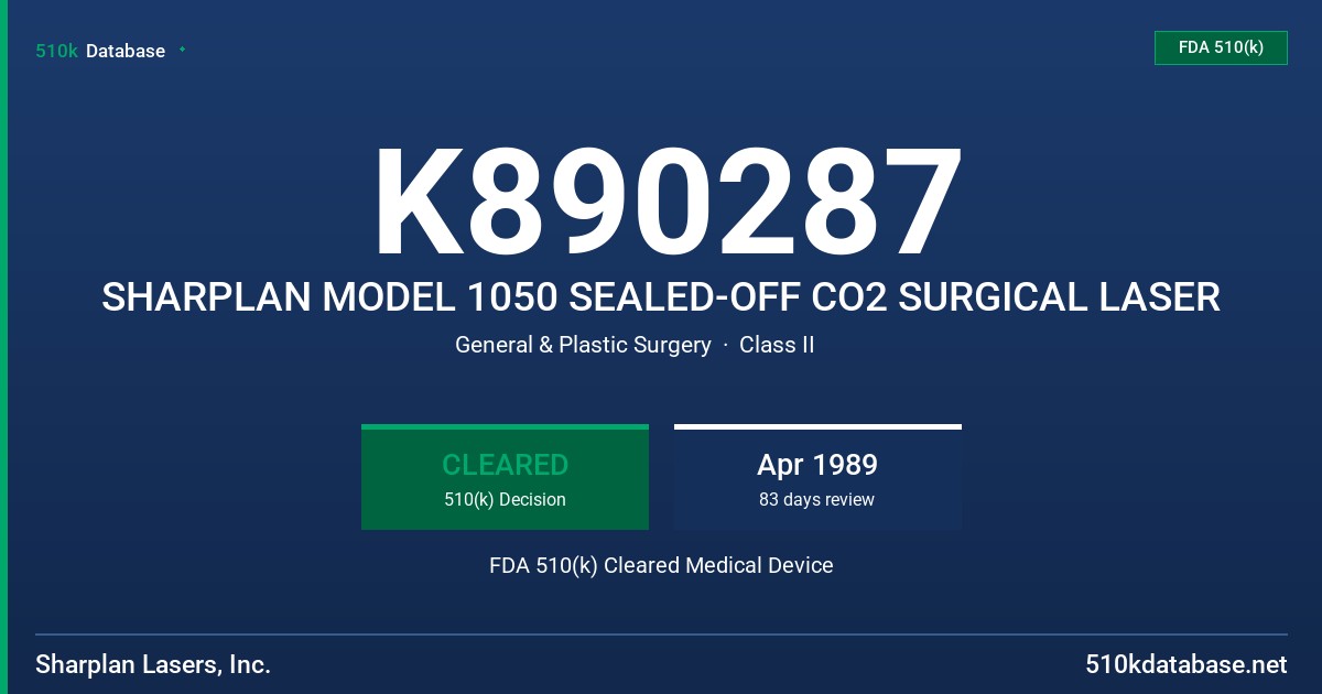K890287 SHARPLAN MODEL 1050 SEALED-OFF CO2 SURGICAL LASER FDA 510(k) Cleared Medical Device