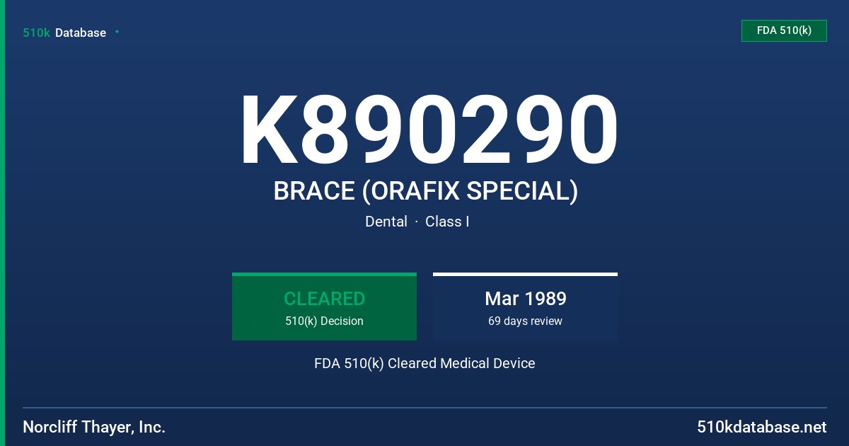 K890290 BRACE (ORAFIX SPECIAL) FDA 510(k) Cleared Medical Device