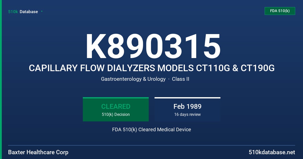 K890315 CAPILLARY FLOW DIALYZERS MODELS CT110G & CT190G FDA 510(k) Cleared Medical Device