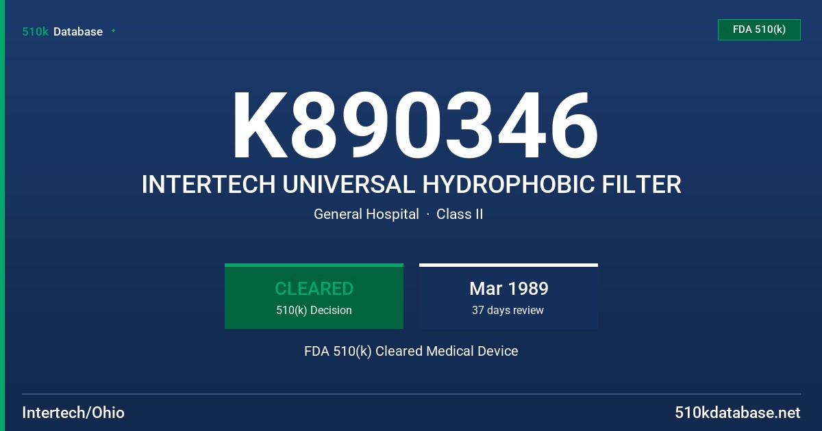 K890346 INTERTECH UNIVERSAL HYDROPHOBIC FILTER FDA 510(k) Cleared Medical Device