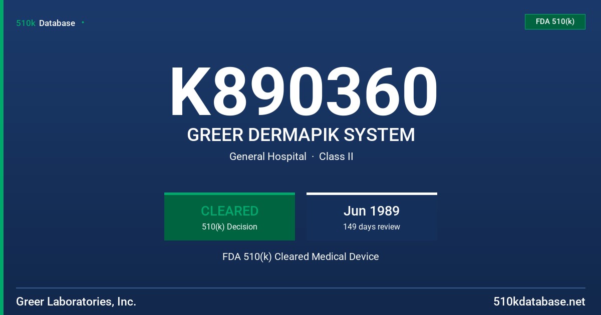 K890360 GREER DERMAPIK SYSTEM FDA 510(k) Cleared Medical Device