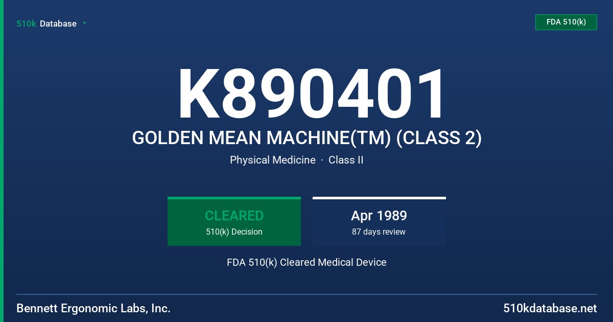 K890401 GOLDEN MEAN MACHINE(TM) (CLASS 2) FDA 510(k) Cleared Medical Device