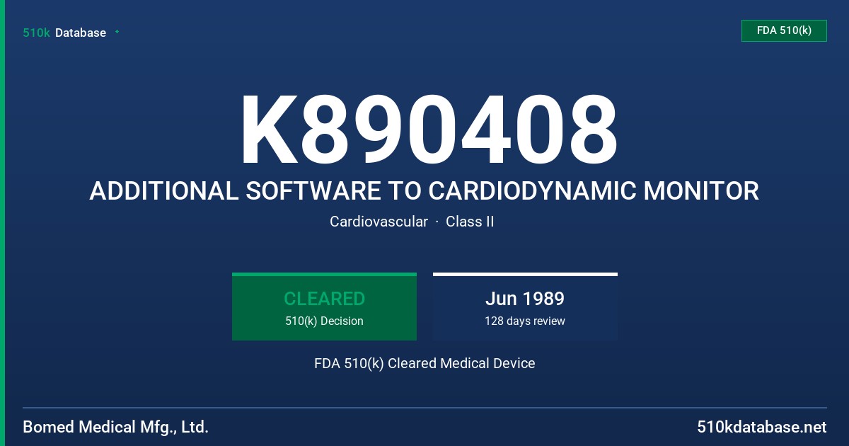 K890408 ADDITIONAL SOFTWARE TO CARDIODYNAMIC MONITOR FDA 510(k) Cleared Medical Device
