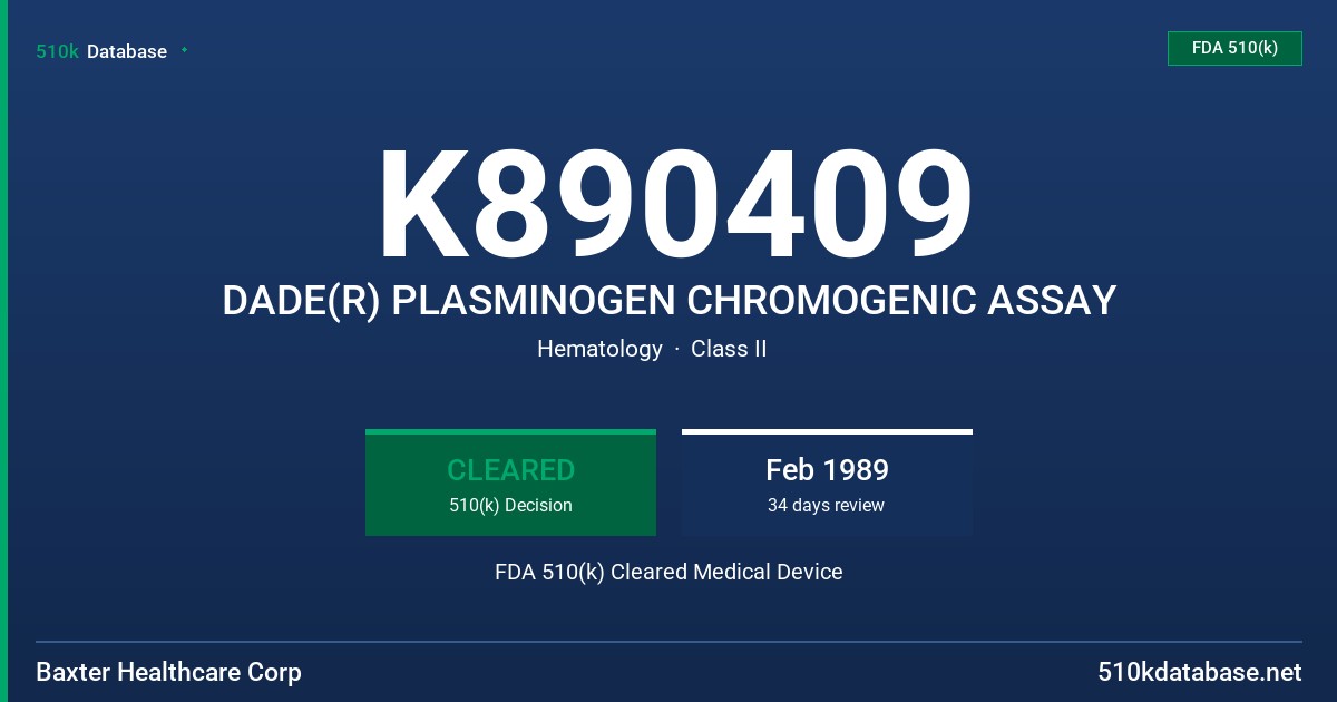 K890409 DADE(R) PLASMINOGEN CHROMOGENIC ASSAY FDA 510(k) Cleared Medical Device