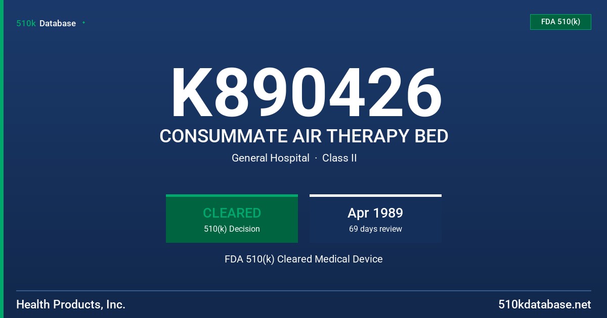 K890426 CONSUMMATE AIR THERAPY BED FDA 510(k) Cleared Medical Device