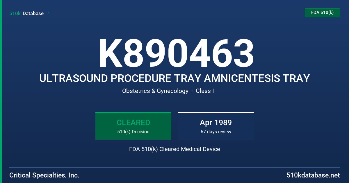 K890463 ULTRASOUND PROCEDURE TRAY AMNICENTESIS TRAY FDA 510(k) Cleared Medical Device