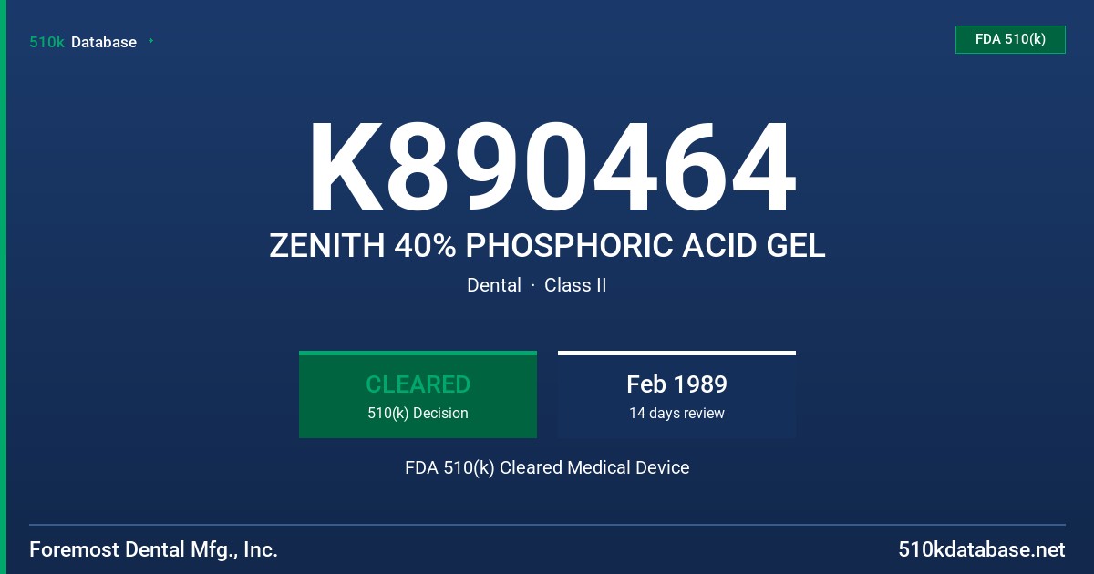 K890464 ZENITH 40% PHOSPHORIC ACID GEL FDA 510(k) Cleared Medical Device