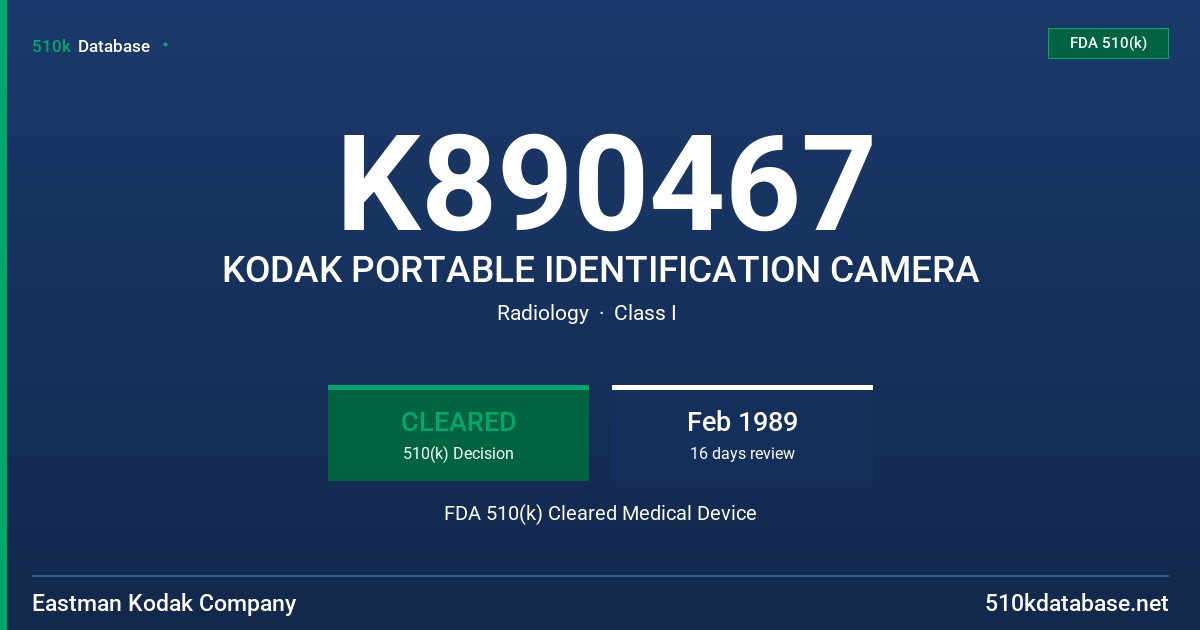 K890467 KODAK PORTABLE IDENTIFICATION CAMERA FDA 510(k) Cleared Medical Device