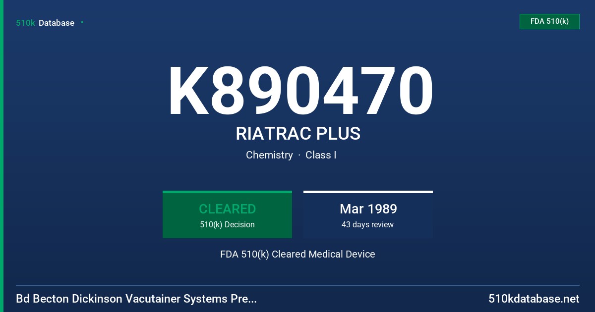 K890470 RIATRAC PLUS FDA 510(k) Cleared Medical Device