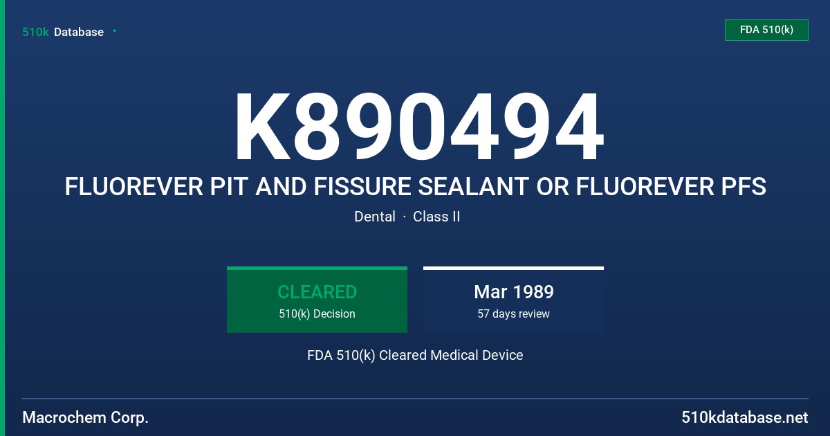 K890494 FLUOREVER PIT AND FISSURE SEALANT OR FLUOREVER PFS FDA 510(k) Cleared Medical Device
