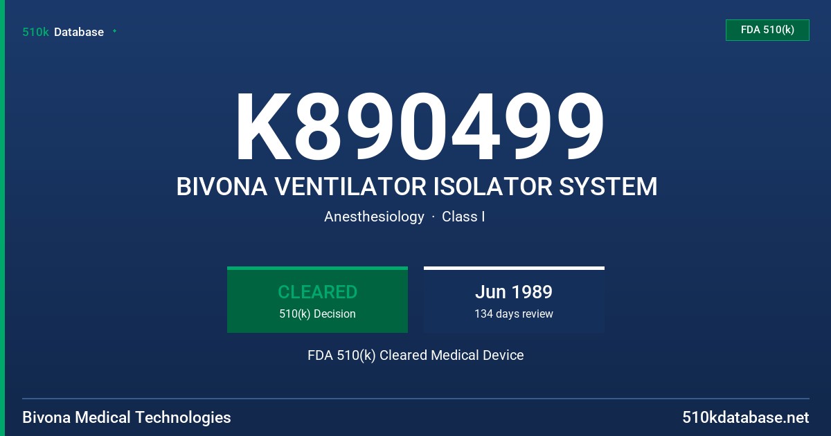 K890499 BIVONA VENTILATOR ISOLATOR SYSTEM FDA 510(k) Cleared Medical Device