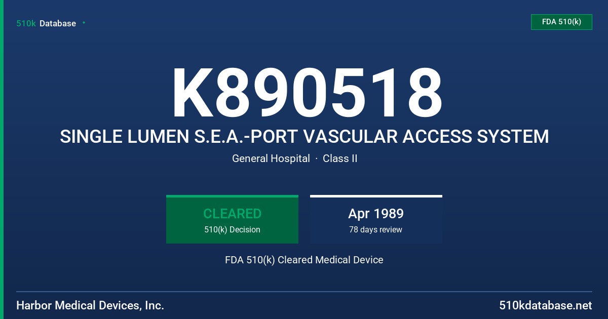 K890518 SINGLE LUMEN S.E.A.-PORT VASCULAR ACCESS SYSTEM FDA 510(k) Cleared Medical Device